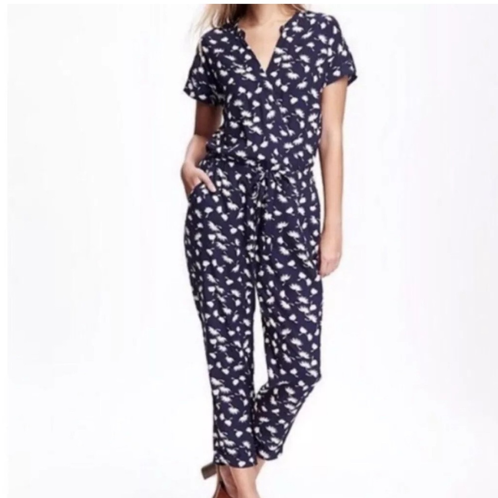 Old Navy jumpsuit XXL navy blue floral pocket tie waist short sleeve snap bodice - Picture 2 of 14